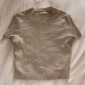 Tan Ribbed Short Sleeve Sweater